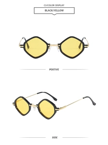Detailed views of punk-style rhombic sunglasses with gold temples and yellow lenses