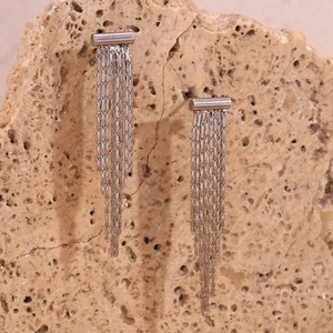 Detail shot of silver chain tassel earrings hanging on a natural stone background