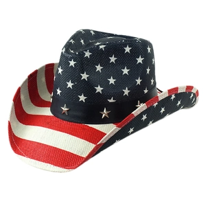 Detail of American flag western hat showing woven texture and silver star studs