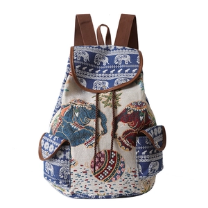 Ethnic Style Embroidered Canvas Backpack Women Travel School Bag Elephant Cat Pattern Literary Retro Rucksack For Ladies