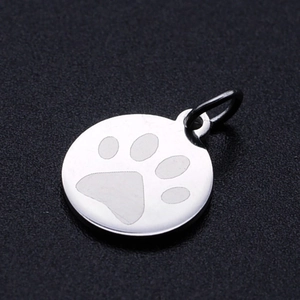 Polished stainless steel round pendant with paw print engraving for DIY jewelry