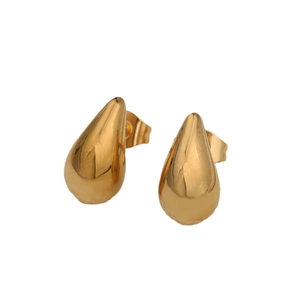 Polished minimalist golden drop earrings in solid stainless steel with a sleek geometric shape