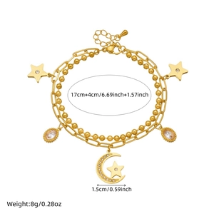 Double-layered gold-plated stainless steel bracelet with star, moon and gemstone charms