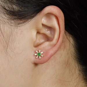 Exquisite gold stainless steel flower stud earrings with green and white cubic zirconia