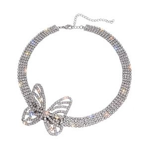 Elegant silver butterfly choker necklace with shiny rhinestones and adjustable extension chain
