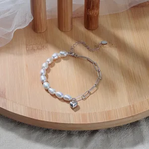 925 sterling silver bracelet with baroque pearls and heart pendant in minimalist French style