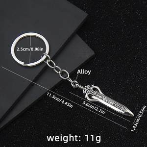 Silver alloy sword keychain with embossed patterns and detailed size measurements