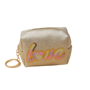 Golden glitter mini wallet with sequin Love pattern and metal keychain clip