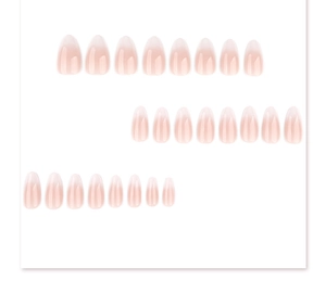 Macro detail of nude pink to milky white gradient almond-shaped press-on nail set