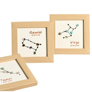 Wooden zodiac picture frames with crystal stones featuring Gemini, Virgo, and Taurus designs
