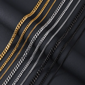Detailed view of Cuban link chains in gold, silver, and black finishes with various widths