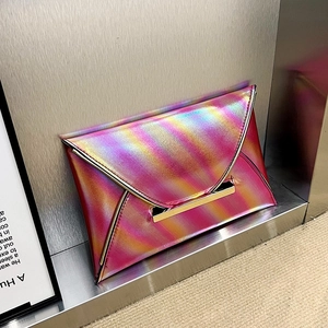 Women Holographic Laser Envelope Clutch Bag PU Leather Gradient Color Fashion Evening Party Elegant Handbag