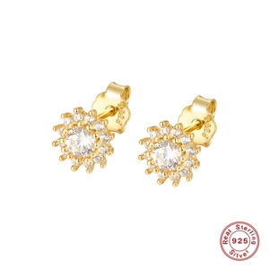 Sunflower Stud Earrings 925 Sterling Silver Gold Plated Zircon Crystal Halo Floral Dainty Elegant Jewelry For Women