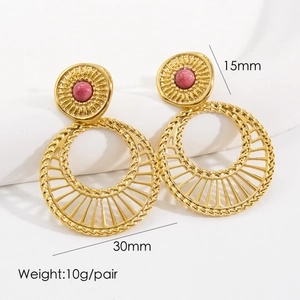 Detail view of gold bohemian drop earrings with size specs 15mm and 30mm diameter