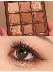 Close-up of 9-color chocolate brown eyeshadow palette with matte and shimmer finishes