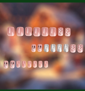 Short square Christmas press-on nails with pink glitter, elk patterns and white polka dots