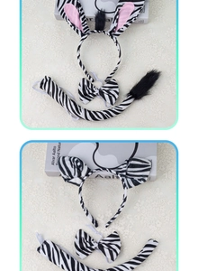 Detailed zebra ears costume set including plush headband, bowtie, and matching tail