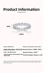 Detail showing eternity band specs with 18 moissanite stones and S925 silver dimensions