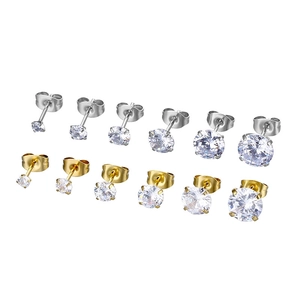 Set of titanium steel stud earrings in silver and gold with various cubic zirconia sizes