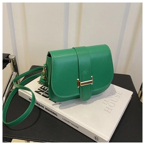 Close-up of green leather saddle bag with gold H-shaped buckle on white books