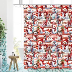 Christmas snowman shower curtain with red white stripes and hooks for bathroom decor