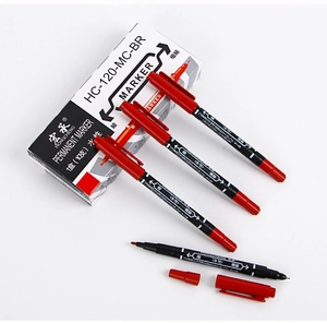 Detail view of the red dual-tip marker showing fine and extra-fine tips for drawing