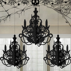 Halloween Chandelier Hanging Decoration Black Glitter Paper Spider Web Skull Party Decor Haunted House Indoor Gothic