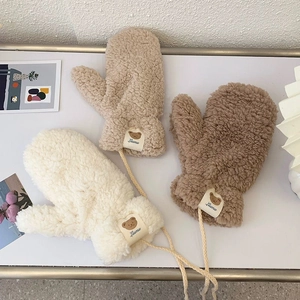 Damen Süß Bär Aufnäher Lammwolle Verdickt Warm Fäustlinge Umhängekordel Winter Radfahren Handschuhe Einfarbig Acryl Handschuhe