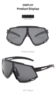 Detail view of black full-frame cycling sunglasses with dark grey lenses and hollow temples
