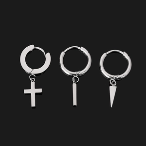 Details von Edelstahl-Creolen mit Kreuz-, Stab- und Kegel-Anhängern in Silber