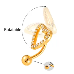 Rotatable gold heart belly button ring with micro-paved cubic zirconia stones