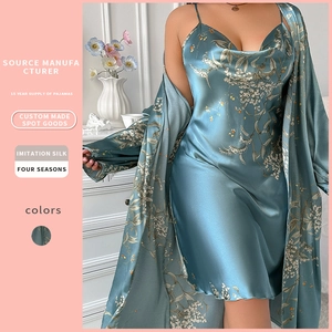 Women Pajamas Imitation Satin Satin Floral Print V Neck Nightdress And Long Sleeve Belted Robe Plus Size Sleepwear