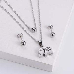 Silver stainless steel jewelry set featuring a hollow elephant pendant and bead earrings