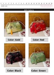 Close-up of Chinese style embroidery shell bag with pearl handle and silk tassel detail