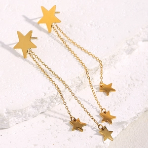 Elegant 18K gold plated stainless steel star tassel drop earrings for women