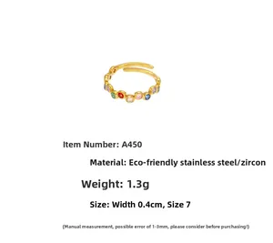 Detail of 18K gold plated stainless steel ring with colorful zircon stones and dimensions