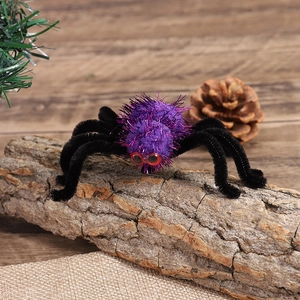 Detail of a purple plush spider hair clip with red eyes on natural tree bark decor