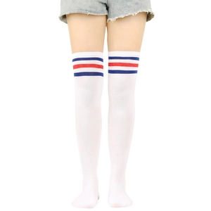 Detail of white thigh-high socks with red and blue stripes in athletic collegiate style