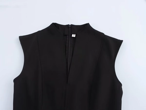 Detail of black sleeveless crepe dress featuring a stand collar and invisible zipper