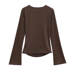Deep coffee brown crew neck long sleeve top with pleated fabric and a curved hemline