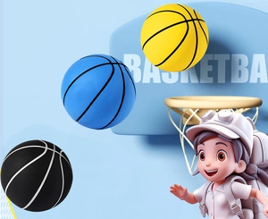 Three colorful mini elastic basketballs floating near a cartoon character and hoop
