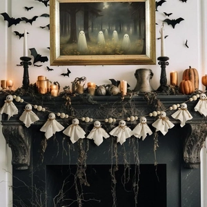Halloween Wood Bead Garland Ghost Bat Felt Burlap Hanging Banner Home Decor For Fireplace Wall Party Festival Ornament