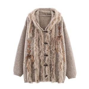 Women's Fashion Hooded Knit Cardigan Jacket With Faux Fur Trim And Ribbon Ties Long Sleeve Single Breasted Loose Sweater
