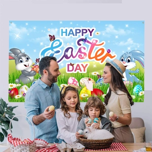 Easter party backdrop featuring bunnies and eggs with a family celebrating in front