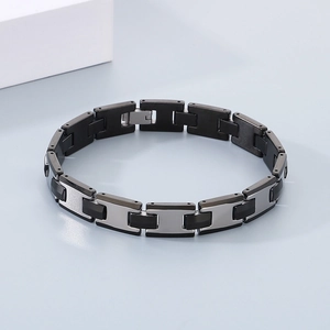 Men's two-tone black and silver rectangular link chain bracelet with high polish finish