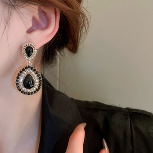 Vintage gold water drop earrings with black stones and sparkling rhinestones for women