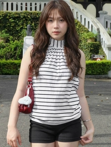 Women's 2025 fashion black and white striped halter top with chic tie-up back knit vest