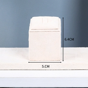 Macro view of beige velvet jewelry display stand for rings with 6.4cm height dimensions