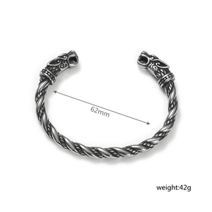 Silver vintage Viking dragon head open cuff bracelet with twisted metal design for men