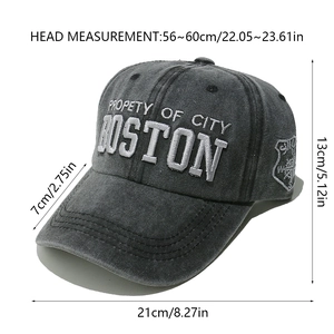 Detailed close-up of BOSTON embroidery on dark grey washed cotton vintage baseball cap
